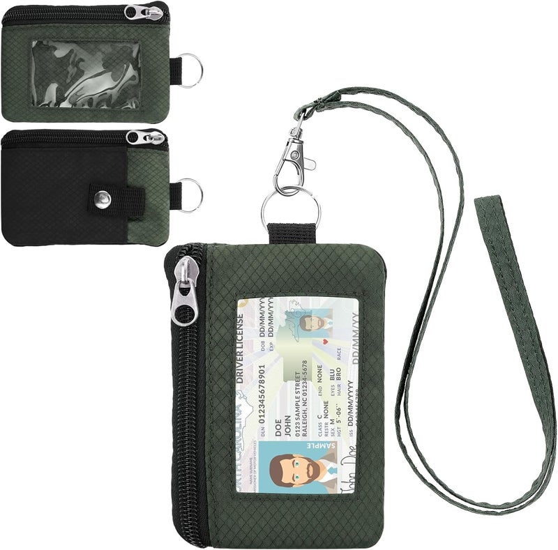 ZHOMA Minimalist RFID Wallet with Lanyard, Multi-Functional ID Case with 2 Zipper Pockets and Key Chain for Men and Women, Tactical Badge Pouch Cards Holder, Coin Purse for Travel Sports - Black&Army - Image 1